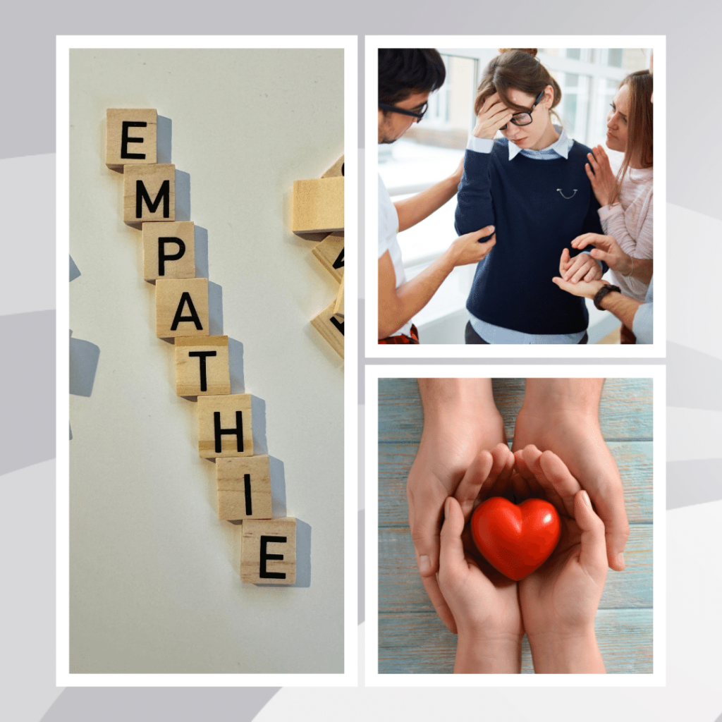 Die Collage zur Illustration des Wertes Feinfühligkeit/Empathie von Barbara Nobis zeigt das Wort EMPATHIE anhand von Buchstabenplättchen sowie ein Herz in zwei Händen und einen Menschen, der getröstet wird. 