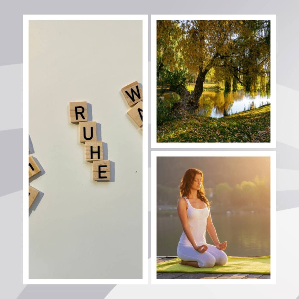 Die Collage zur Illustration des Wertes Ruhe von Barbara Nobis zeigt das Wort RUHE anhand von Buchstabenplättchen sowie eine meditierende Frau in einer landschaftlichen Umgebung.